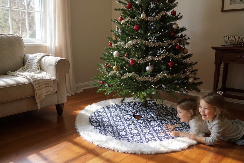 Christmas Tree Skirt Blue & White Knit Sweater Material w/ Faux Fur Trim 38"